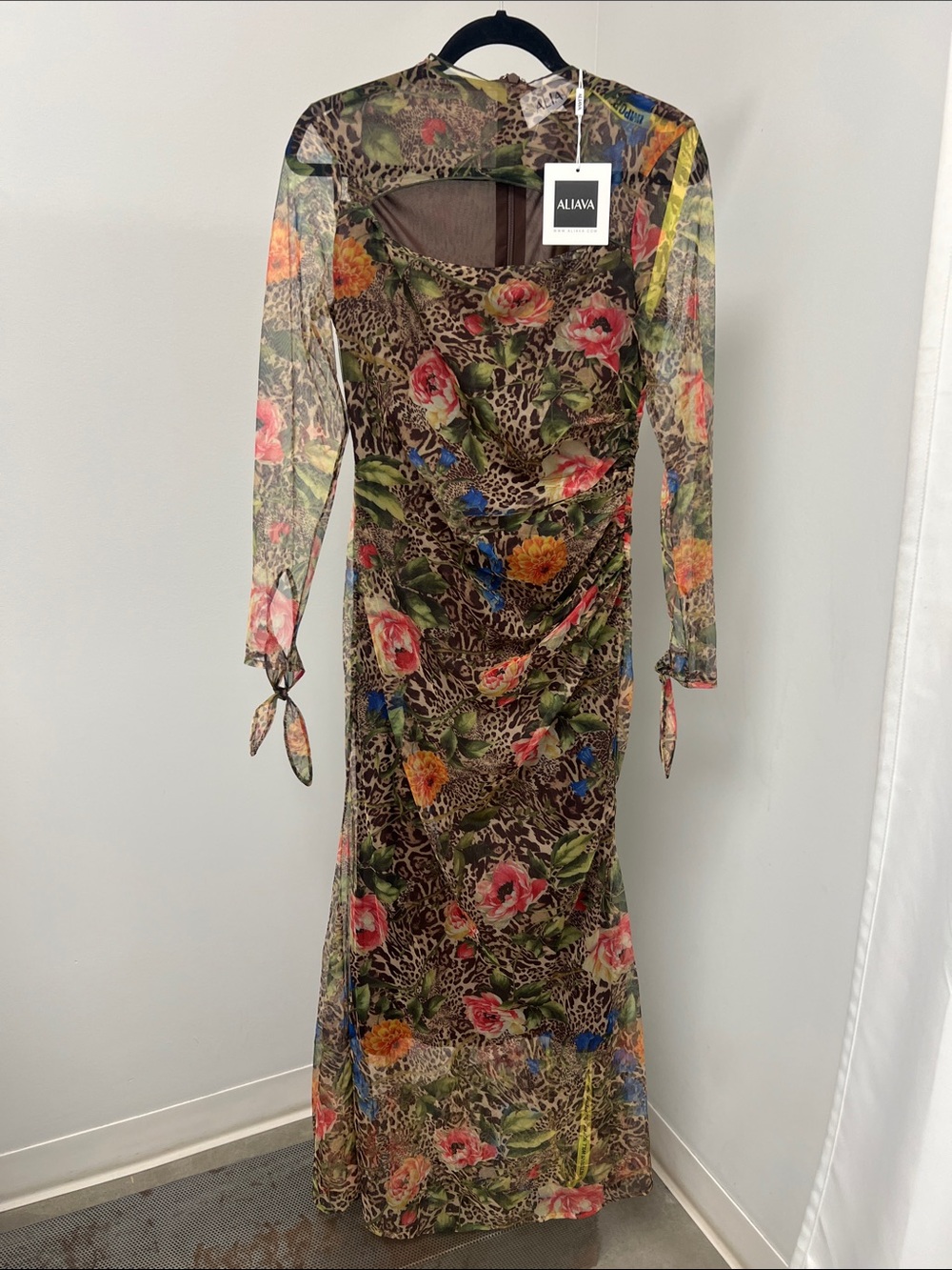 Alava Floral Leopard-Print Long Sleeve Mesh Dress - Multicolor